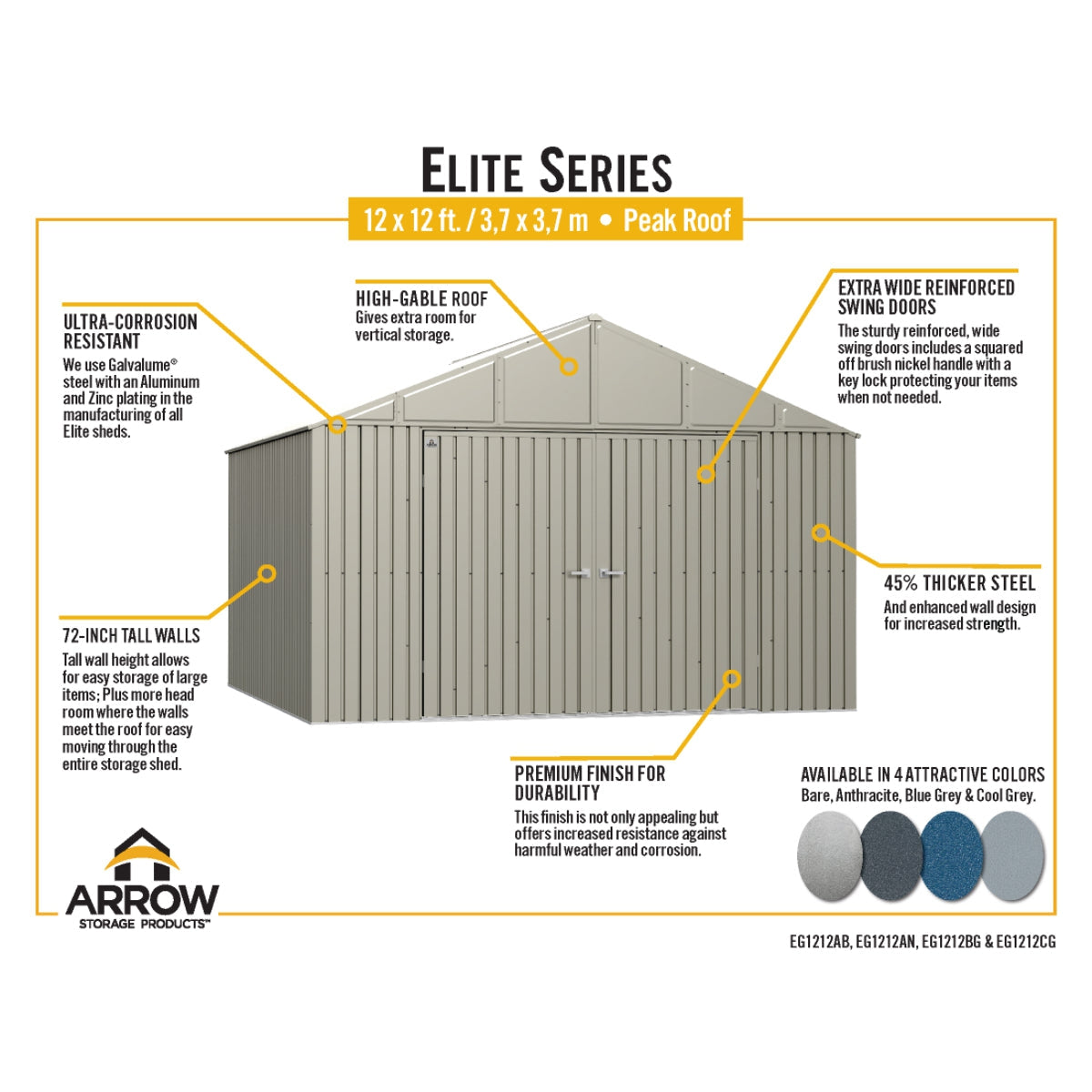 Arrow Elite Steel Storage Shed 12 x 12 ft.-Delightful Yard