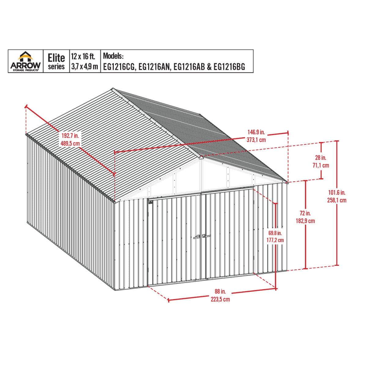 Arrow Elite Steel Storage Shed 12 x 16 ft.-Delightful Yard