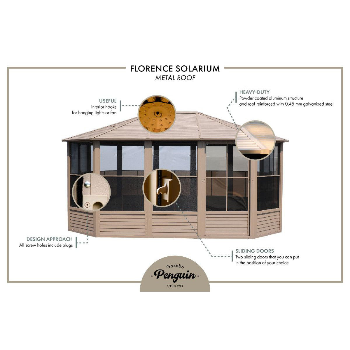 Florence Aluminum Solarium Metal Roof 12 x 12 ft. | Gazebo PenGuin-Delightful Yard