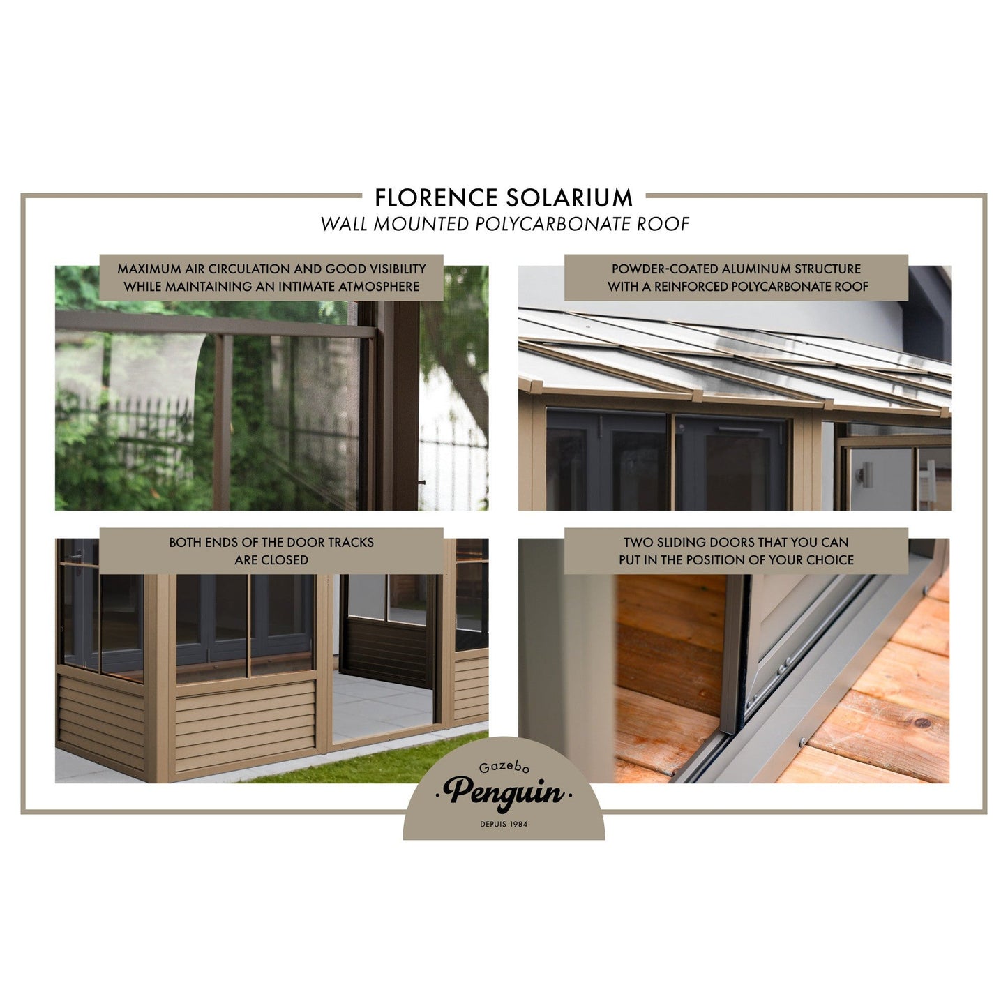 Florence Aluminum Wall Mounted Sunroom PC Roof 10 x 12 ft. | Gazebo PenGuin-Delightful Yard