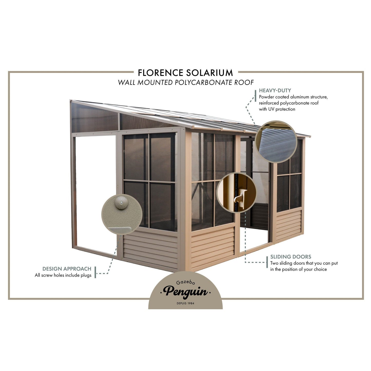 Florence Aluminum Wall Mounted Sunroom PC Roof 10 x 12 ft. | Gazebo PenGuin-Delightful Yard