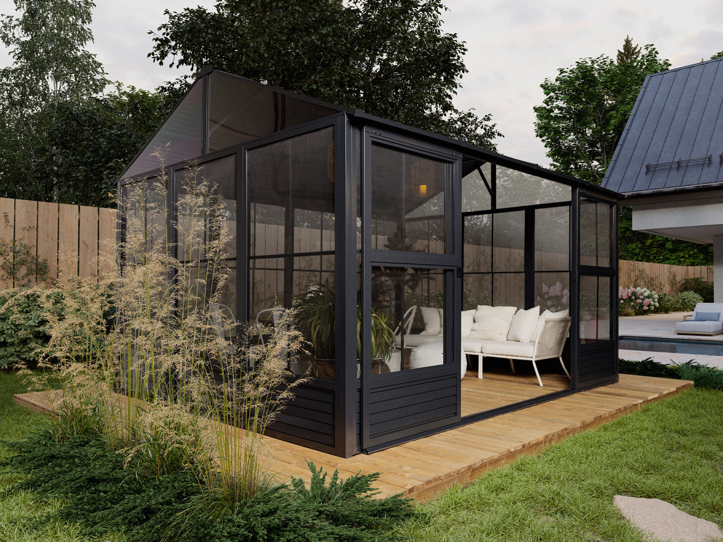 Myrdal Aluminum Solarium Metal Roof 11 x 14 ft. Black| Gazebo PenGuin-Delightful Yard