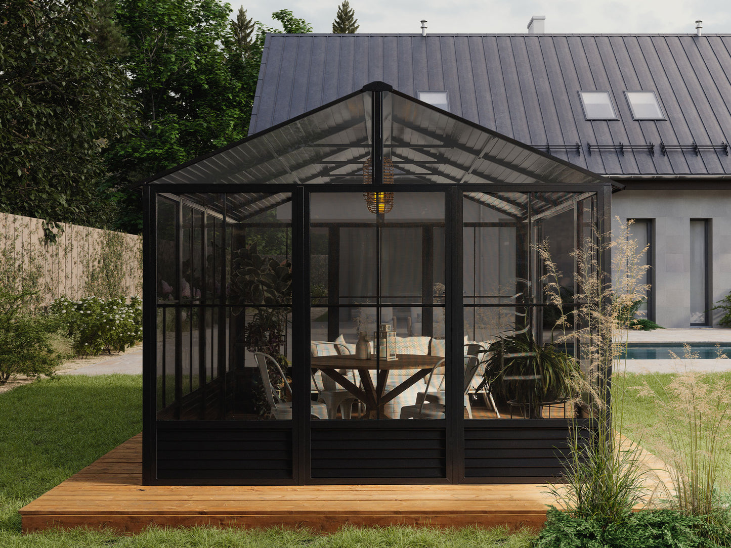 Myrdal Aluminum Solarium Metal Roof 11 x 14 ft. Black| Gazebo PenGuin-Delightful Yard