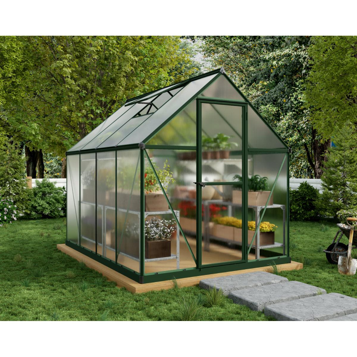 Mythos Polycarbonate Greenhouse 6 x 8 ft. Green Frame | Palram-Canopia-Delightful Yard