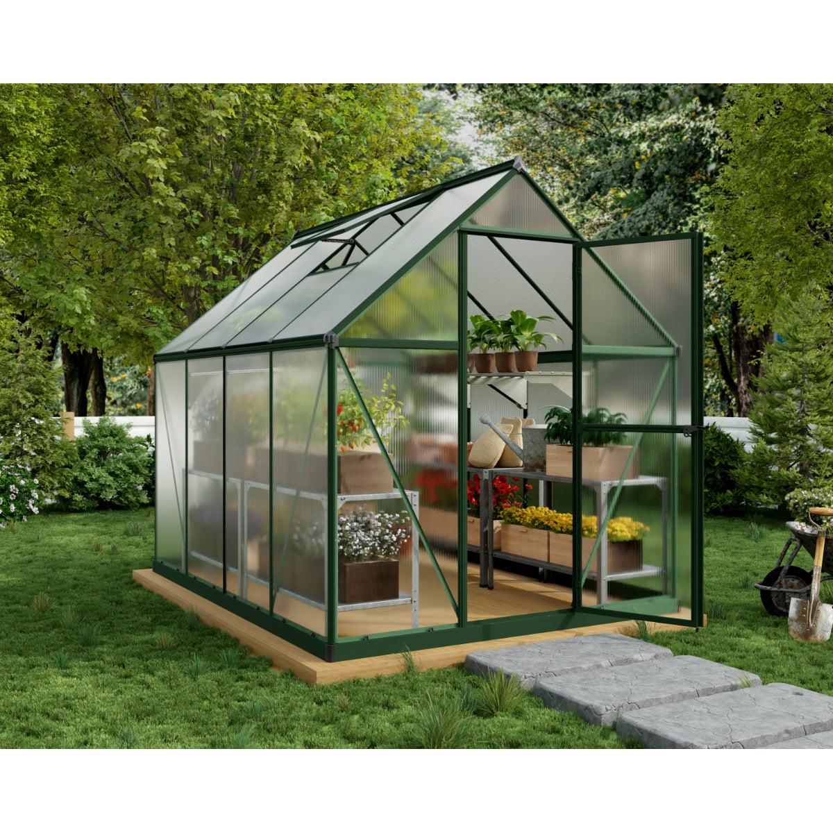 Mythos Polycarbonate Greenhouse 6 x 8 ft. Green Frame | Palram-Canopia-Delightful Yard
