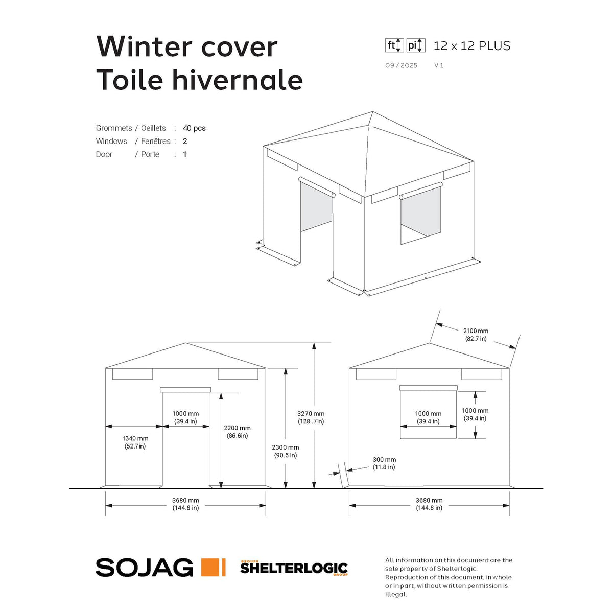 Bâche d'hiver pour gazebo 3,65 m x 3,65 m | Sojag