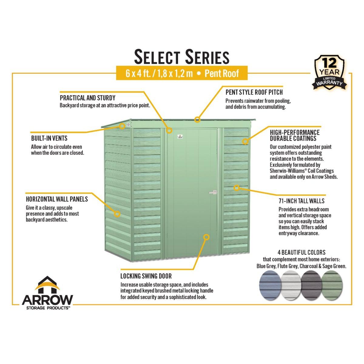 Arrow Select Steel Storage Shed 6 x 4 ft. | Pent Roof - Delightful Yard