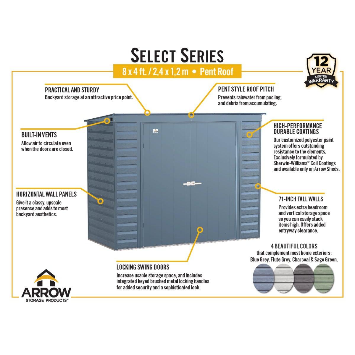 Arrow Select Steel Storage Shed 8 x 4 ft. | Pent Roof - Delightful Yard