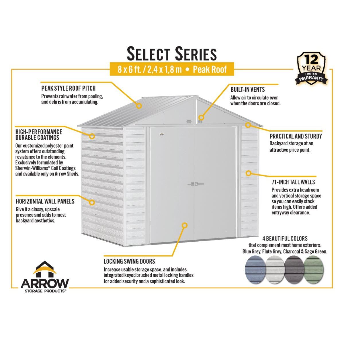 Arrow Select Steel Storage Shed 8 x 6 ft. - Delightful Yard