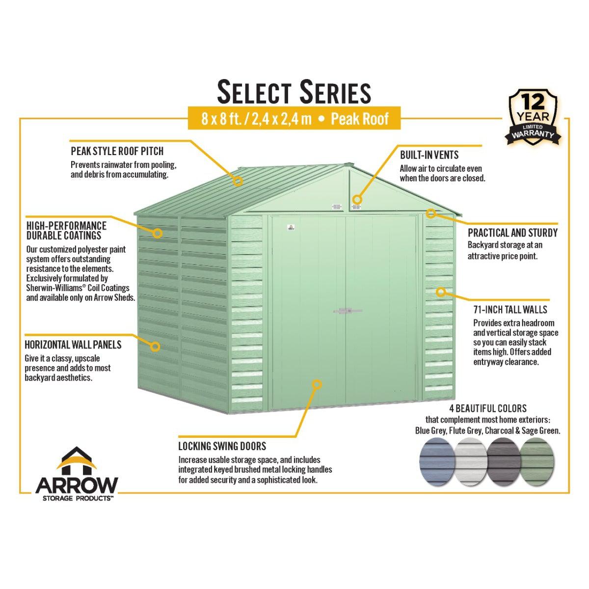 Arrow Select Steel Storage Shed 8 x 8 ft. - Delightful Yard