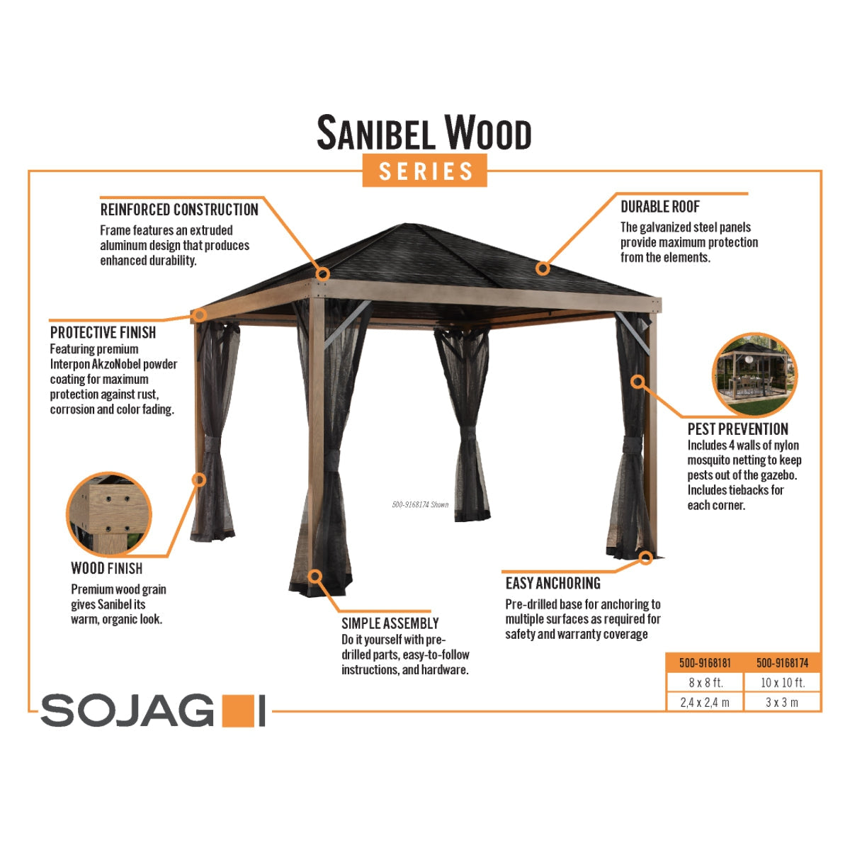 Sanibel Aluminum Gazebo 8 x 8 ft Wood Grain | Sojag-Delightful Yard