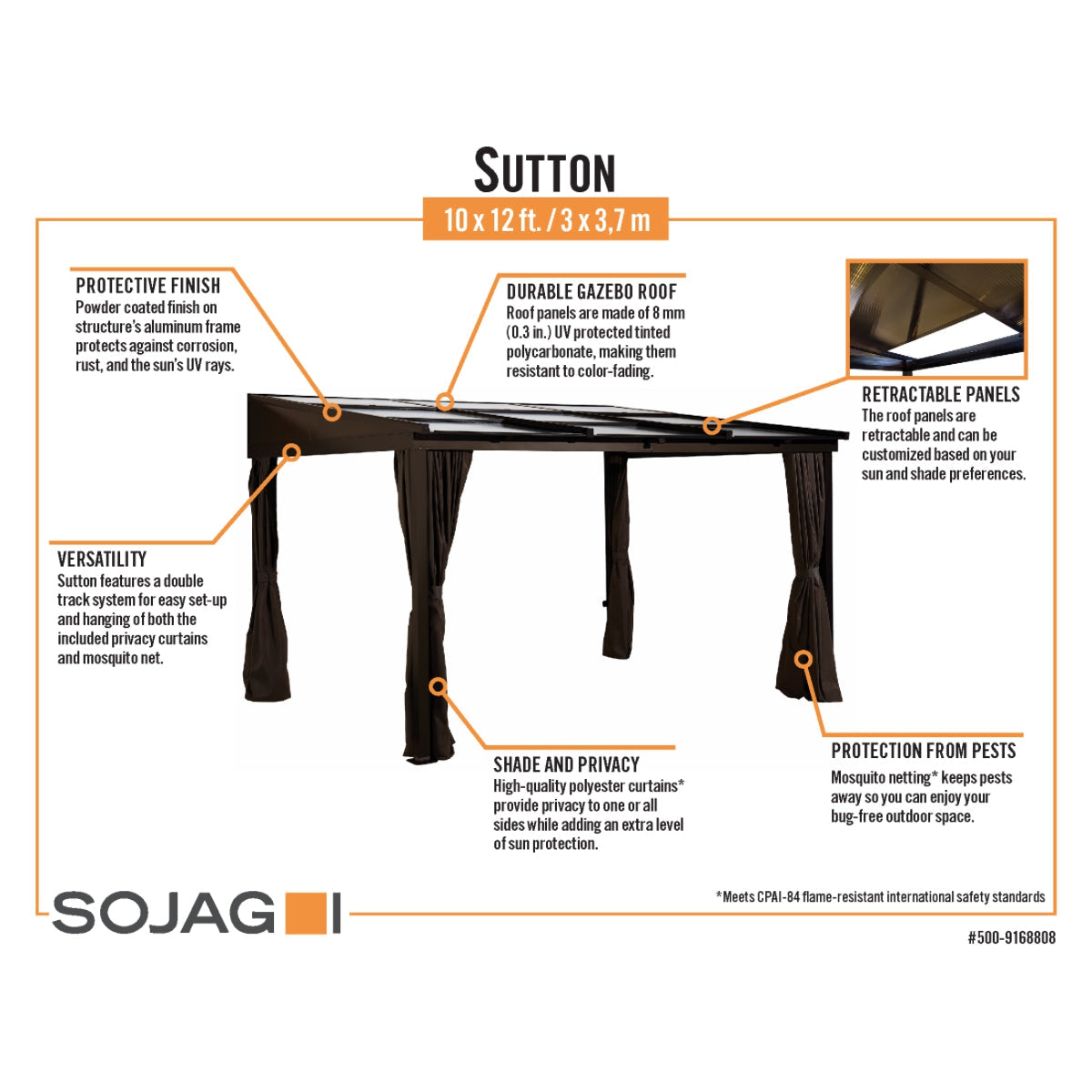 Sutton Wall-Mounted Aluminum Gazebo Patio Cover 10 x 12 ft | Sojag-Delightful Yard