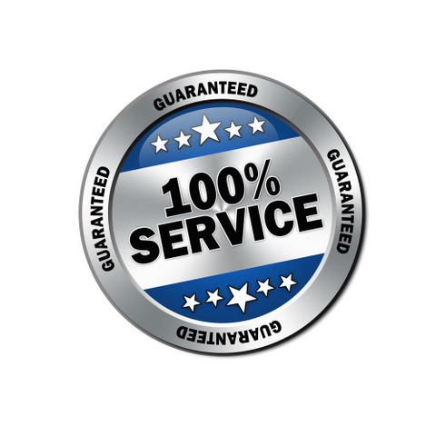 Circular badge with '100% Service' and star ratings on a white background
