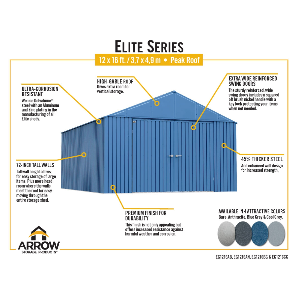 Arrow Elite Steel Storage Shed 12 x 16 ft.-Delightful Yard