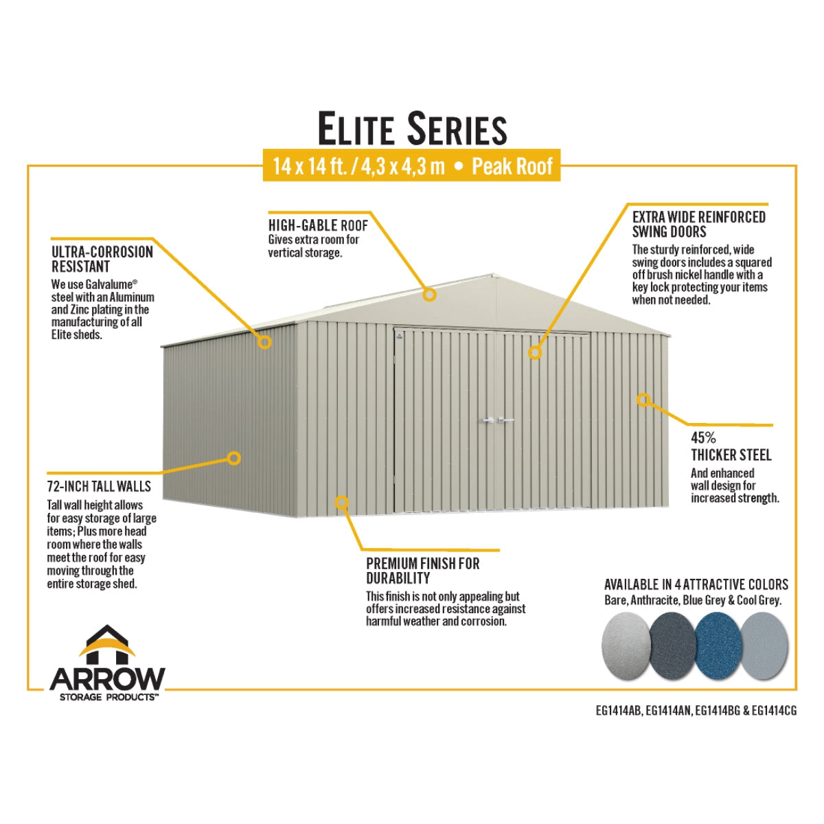 Arrow Elite Steel Storage Shed 14 x 14 ft.-Delightful Yard