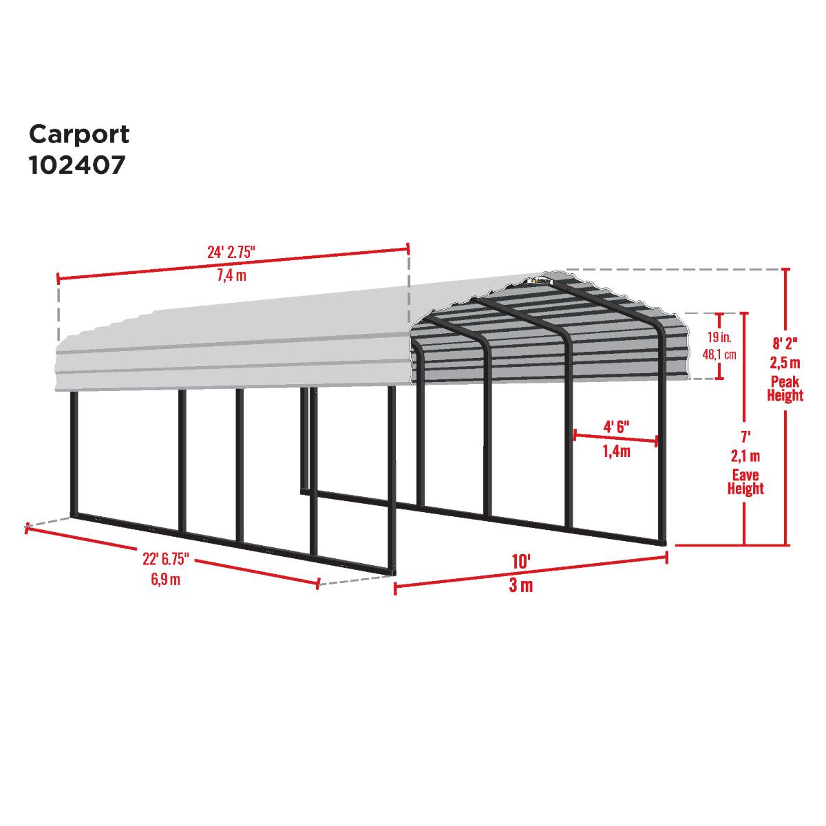 Arrow Steel Carport Canopy 10 x 24 x 7 ft.-Delightful Yard