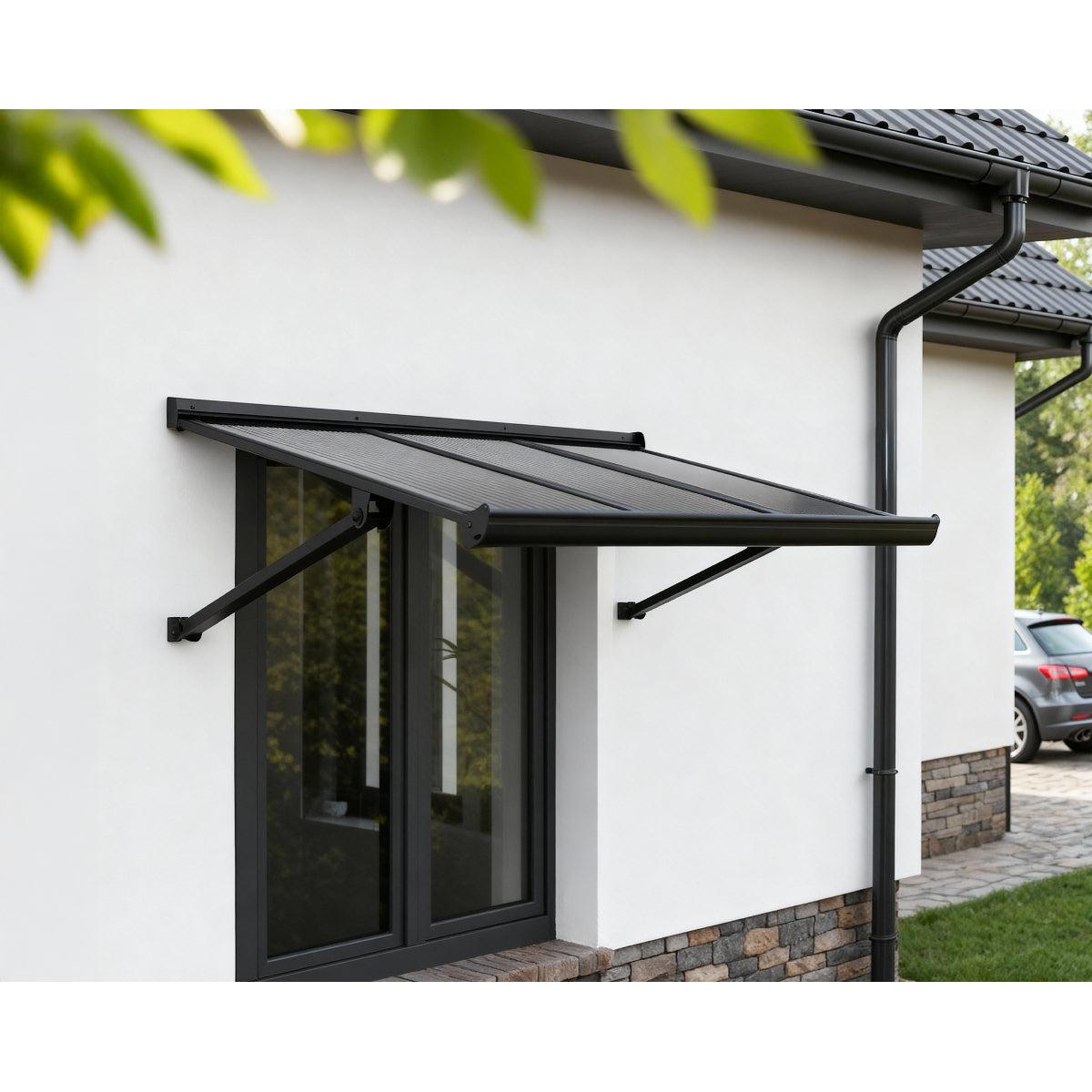 Augustine Door Awning 4 x 3 ft Grey Panel Black Frame | Palram-Canopia-Delightful Yard
