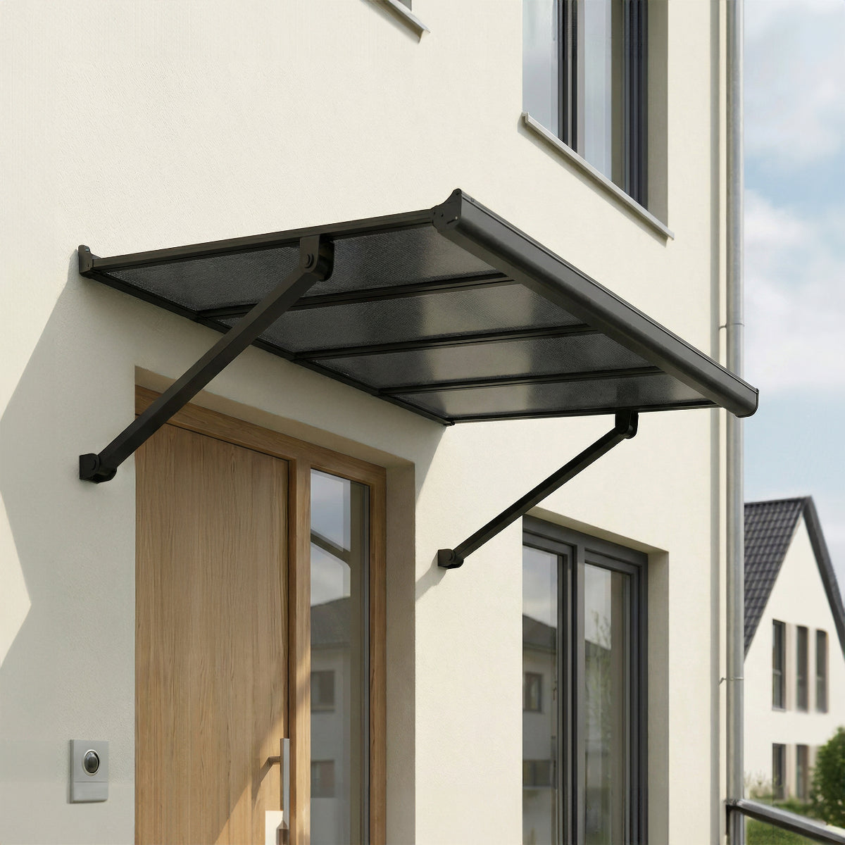 Augustine Door Awning 5 x 3 ft Grey Panel Black Frame | Palram-Canopia-Delightful Yard