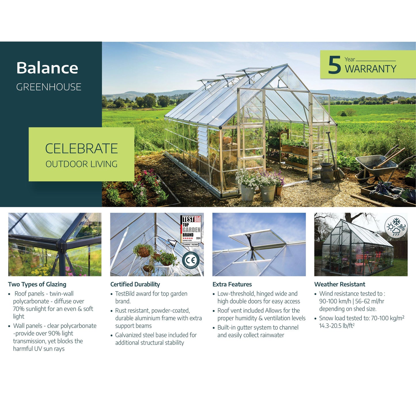 Balance Polycarbonate Greenhouse 10 x 32 ft. | Palram-Canopia-Delightful Yard