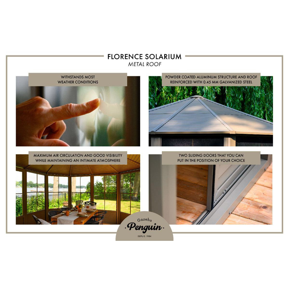 Florence Aluminum Solarium Metal Roof 12 x 12 ft. | Gazebo PenGuin-Delightful Yard