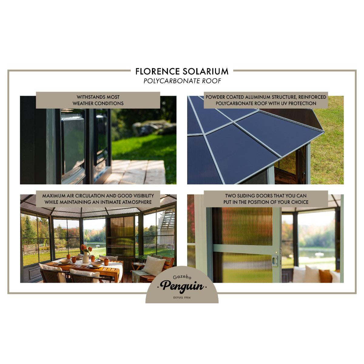 Florence Aluminum Solarium PC Roof 12 x 12 ft. | Gazebo PenGuin-Delightful Yard