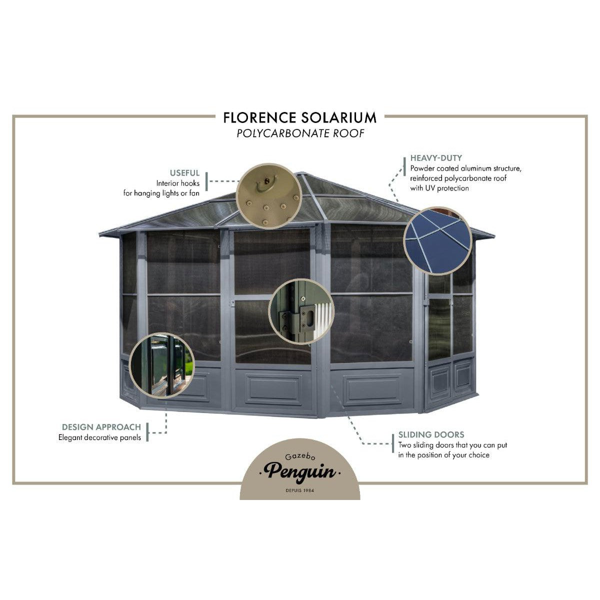 Florence Aluminum Solarium PC Roof 12 x 12 ft. | Gazebo PenGuin-Delightful Yard