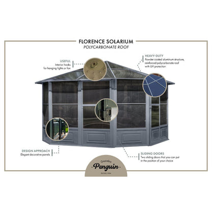 Florence Aluminum Solarium PC Roof 12 x 12 ft. | Gazebo PenGuin-Delightful Yard