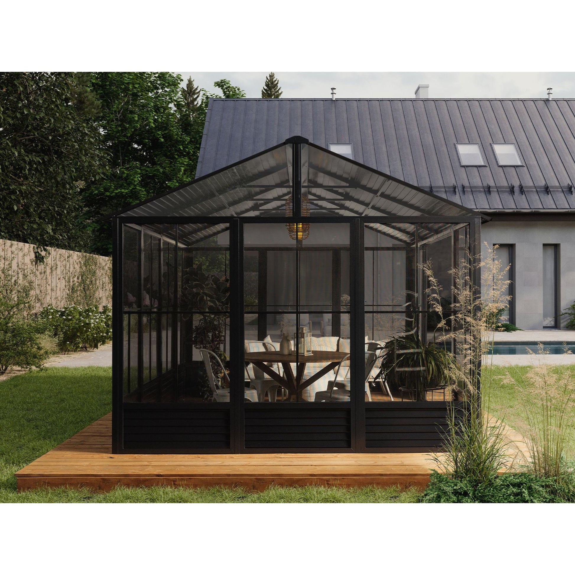 Myrdal Aluminum Solarium Metal Roof 11 x 14 ft. Black| Gazebo PenGuin-Delightful Yard