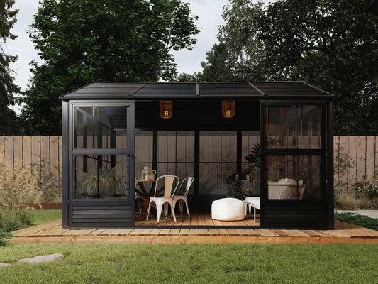 Myrdal Aluminum Solarium Metal Roof 11 x 14 ft. Black| Gazebo PenGuin-Delightful Yard