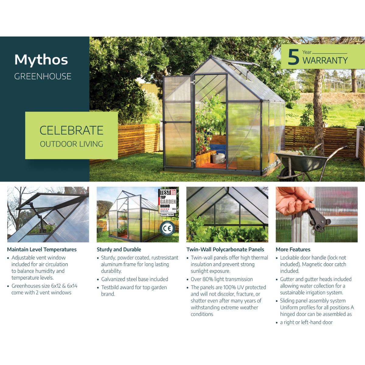 Mythos Polycarbonate Greenhouse 6 x 6 ft. Silver Frame | Palram-Canopia-Delightful Yard