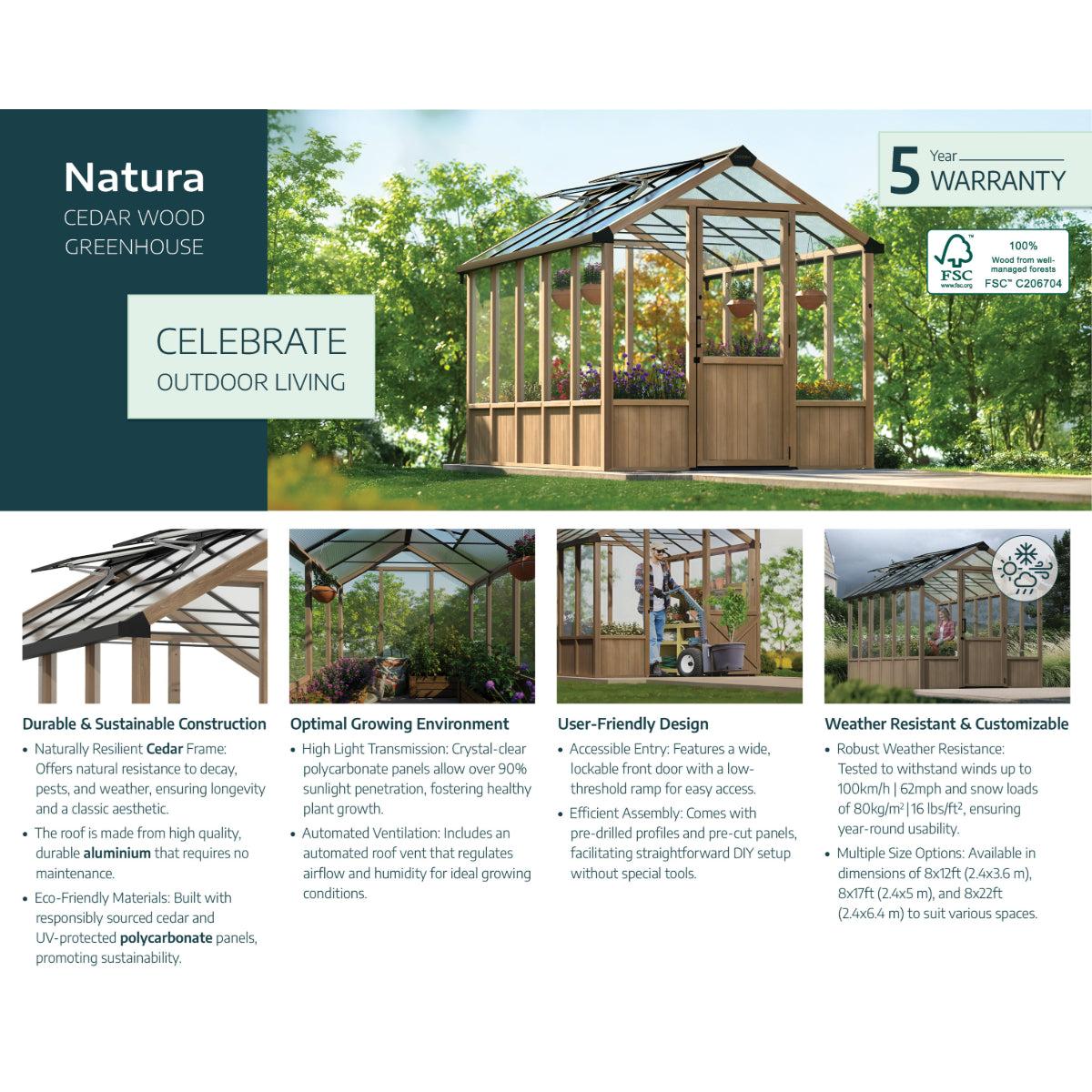 Natura Cedar Wood Polycarbonate Greenhouse 8 x 12 ft. | Palram-Canopia-Delightful Yard