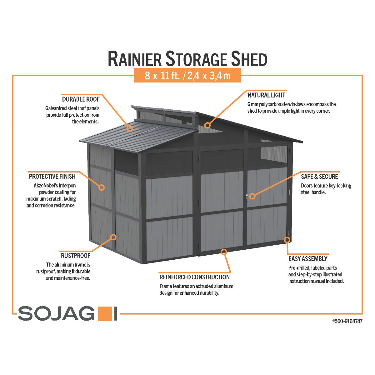 Rainier Aluminum Frame Storage Shed 8 x 11 ft | Sojag-Delightful Yard