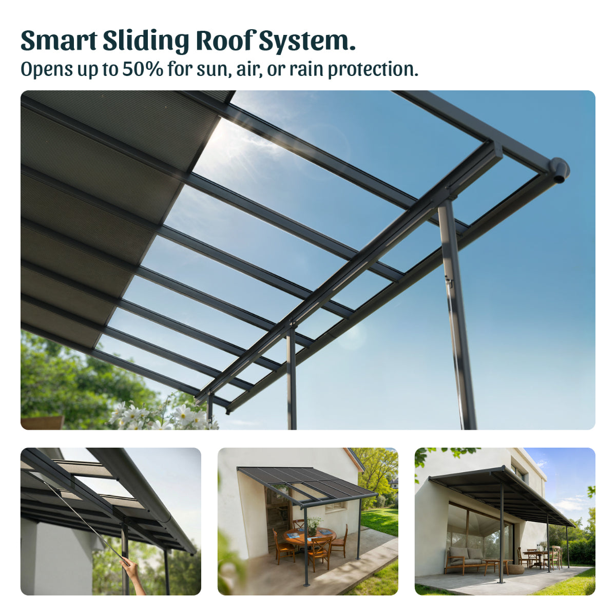 Sierra Cabrio Aluminum Patio Covers 10 x 18 ft. Retractable Grey Panels | Palram-Canopia-Delightful Yard