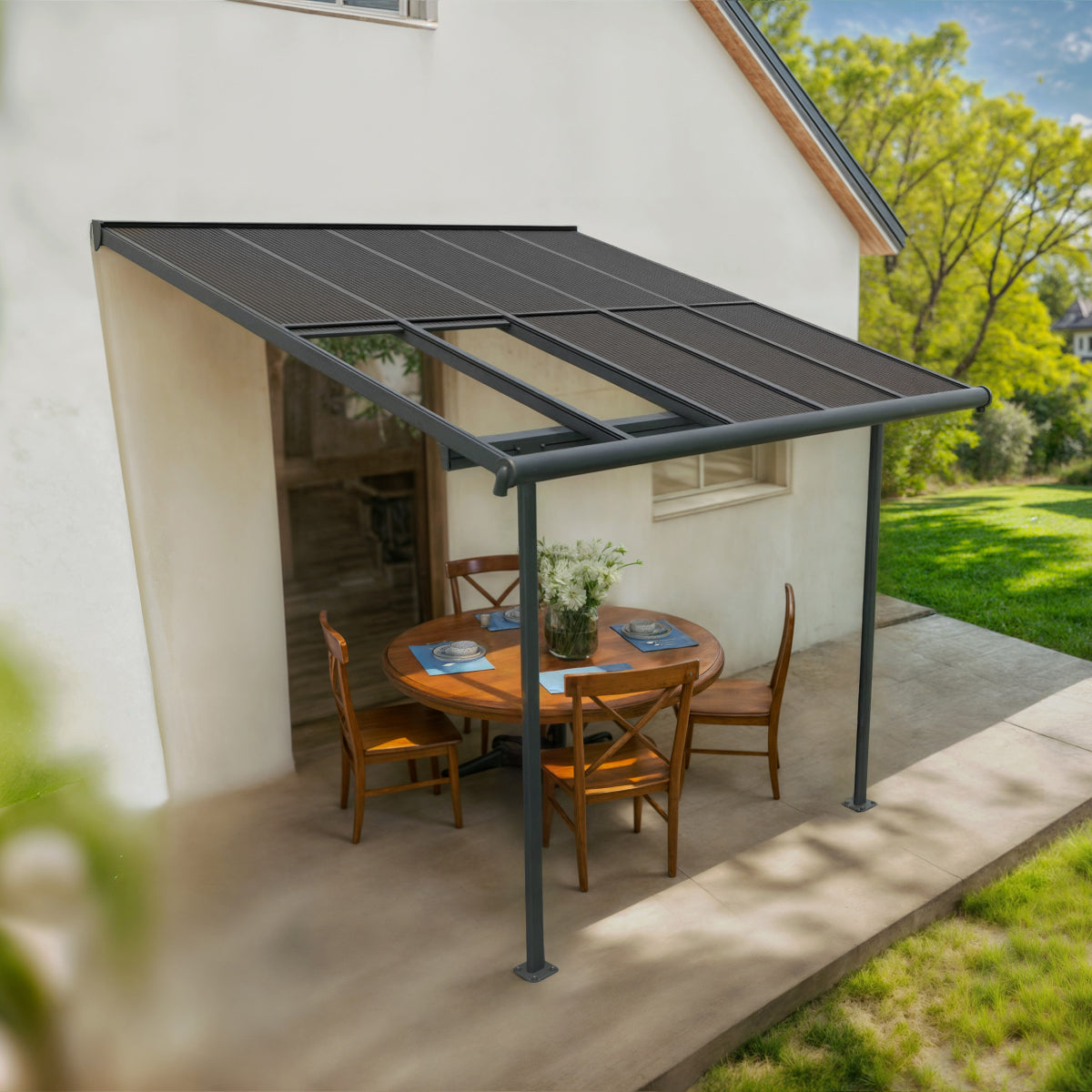 Sierra Cabrio Aluminum Patio Covers 10 x 10 ft. Retractable Grey Panels | Palram-Canopia-Delightful Yard