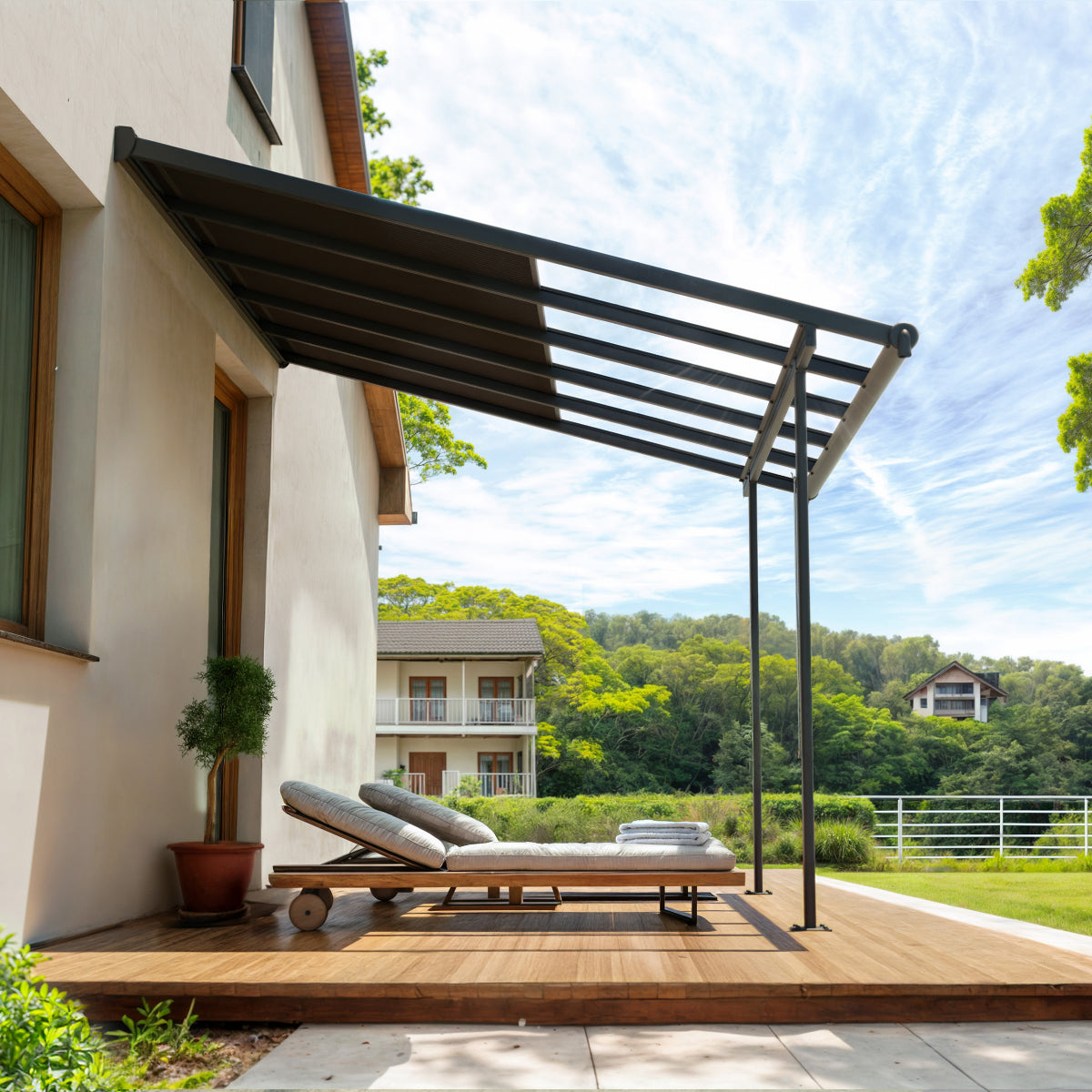 Sierra Cabrio Aluminum Patio Covers 10 x 10 ft. Retractable Grey Panels | Palram-Canopia-Delightful Yard