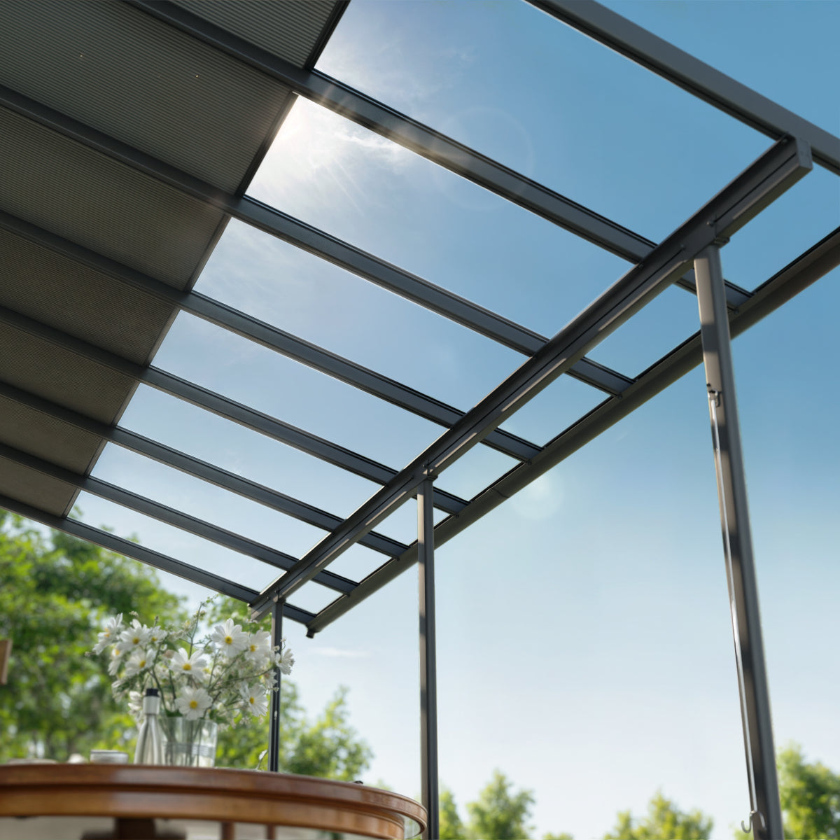Sierra Cabrio Aluminum Patio Covers 10 x 18 ft. Retractable Grey Panels | Palram-Canopia-Delightful Yard