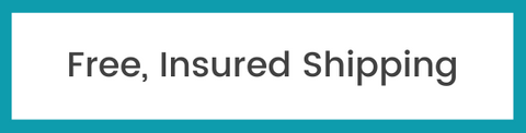 Text 'Free, Insured Shipping' on a white background with a teal border