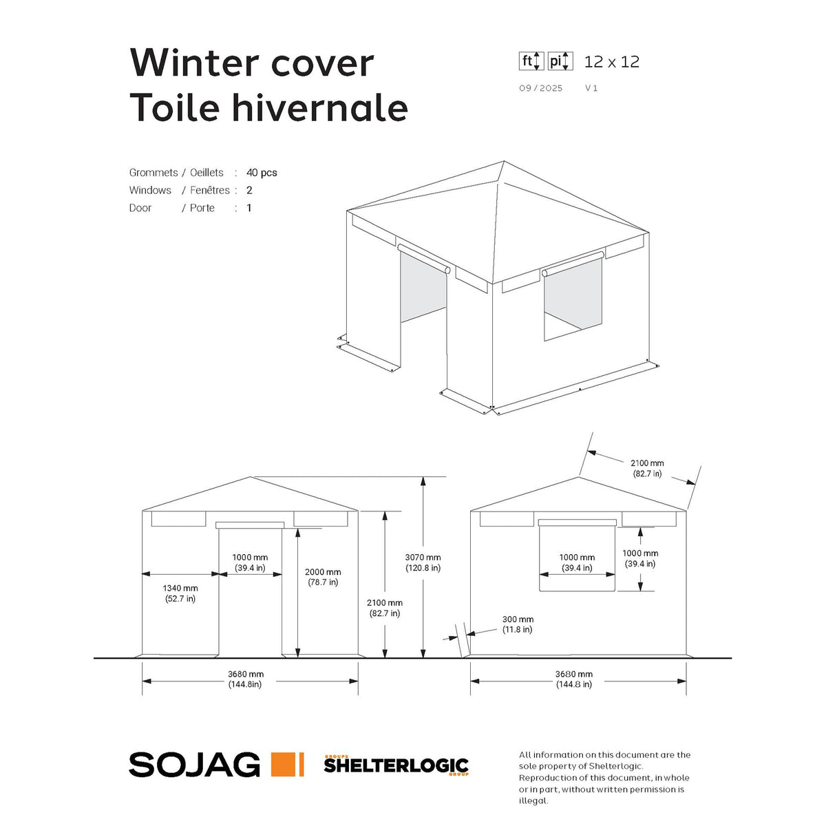 Bâche d'hiver pour gazebo 3,65 m x 3,65 m | Sojag