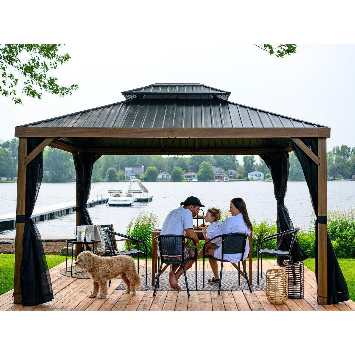 Yosemite Aluminum Gazebo 10 x 12 ft. Double Roof Wood Finish | Gazebo PenGuin-Delightful Yard
