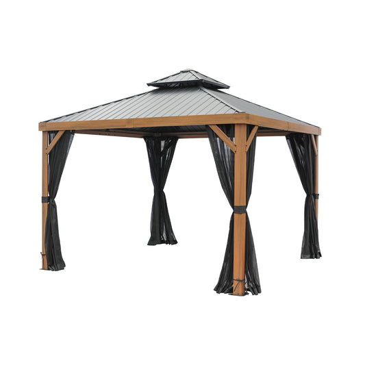 Yosemite Aluminum Gazebo 10 x 10 ft. Double Roof Wood Finish | Gazebo PenGuin-Delightful Yard
