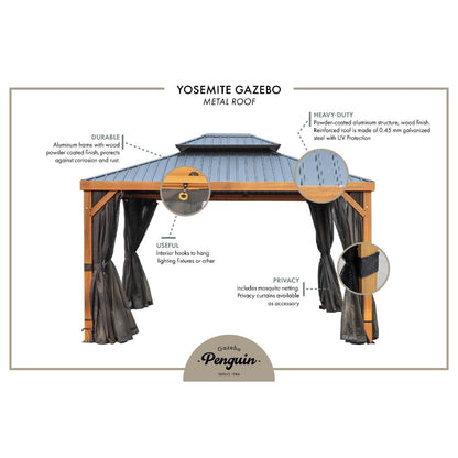 Yosemite Aluminum Gazebo 10 x 12 ft. Double Roof Wood Finish | Gazebo PenGuin-Delightful Yard