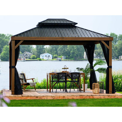 Yosemite Aluminum Gazebo 10 x 12 ft. Double Roof Wood Finish | Gazebo PenGuin-Delightful Yard