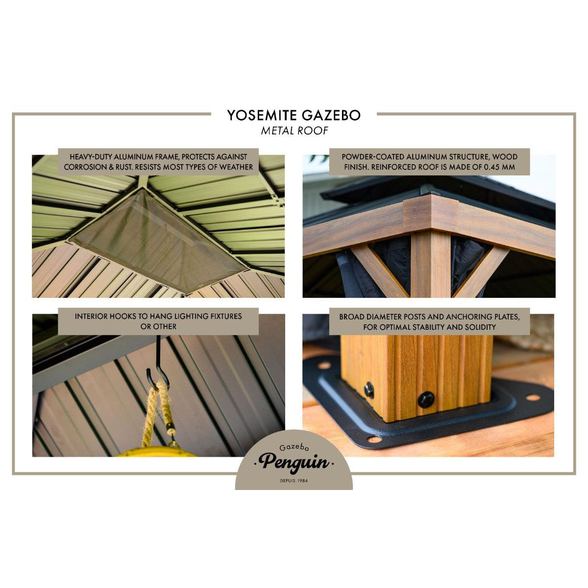 Yosemite Aluminum Gazebo 10 x 12 ft. Double Roof Wood Finish | Gazebo PenGuin-Delightful Yard