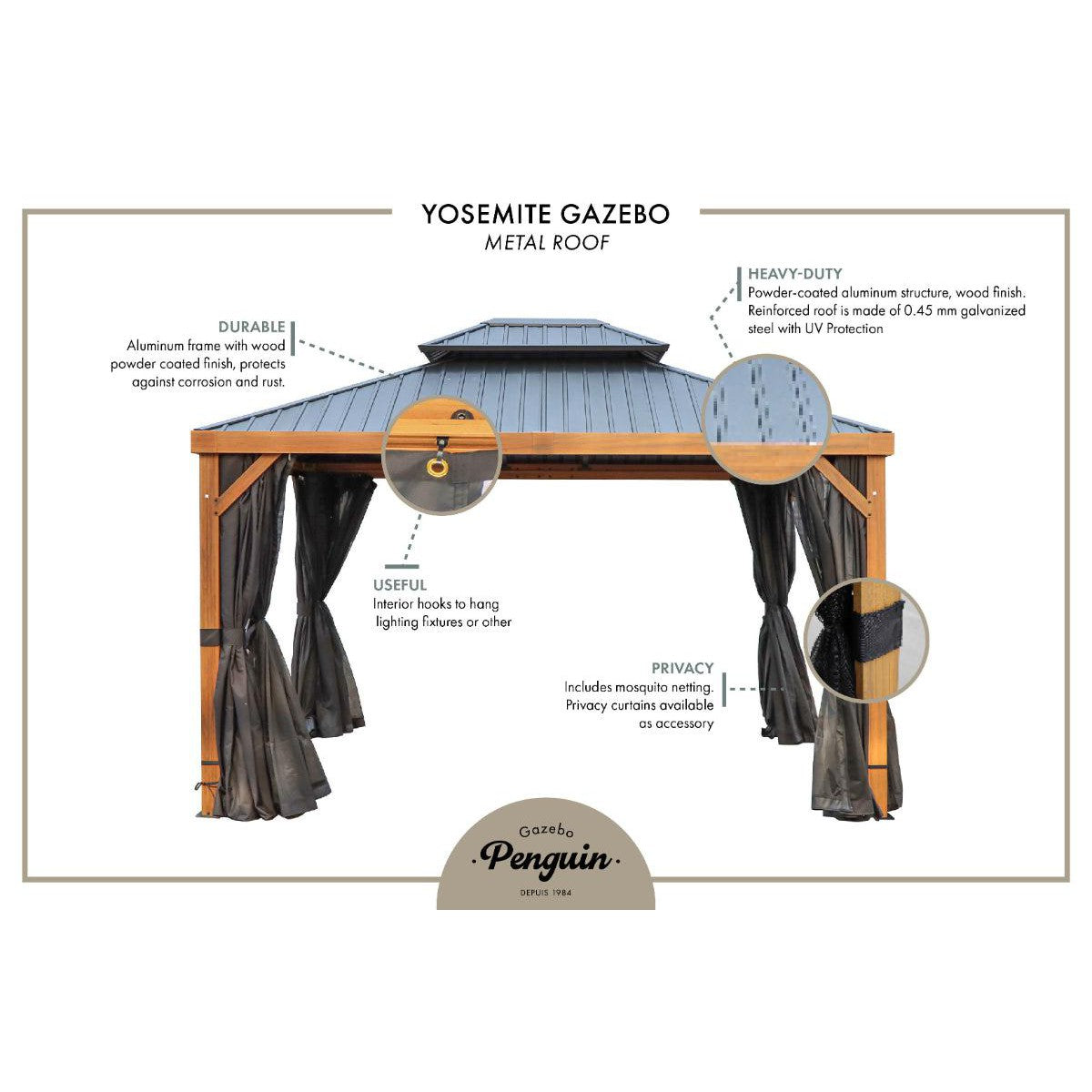 Yosemite Aluminum Gazebo 10 x 12 ft. Double Roof Wood Finish | Gazebo PenGuin-Delightful Yard