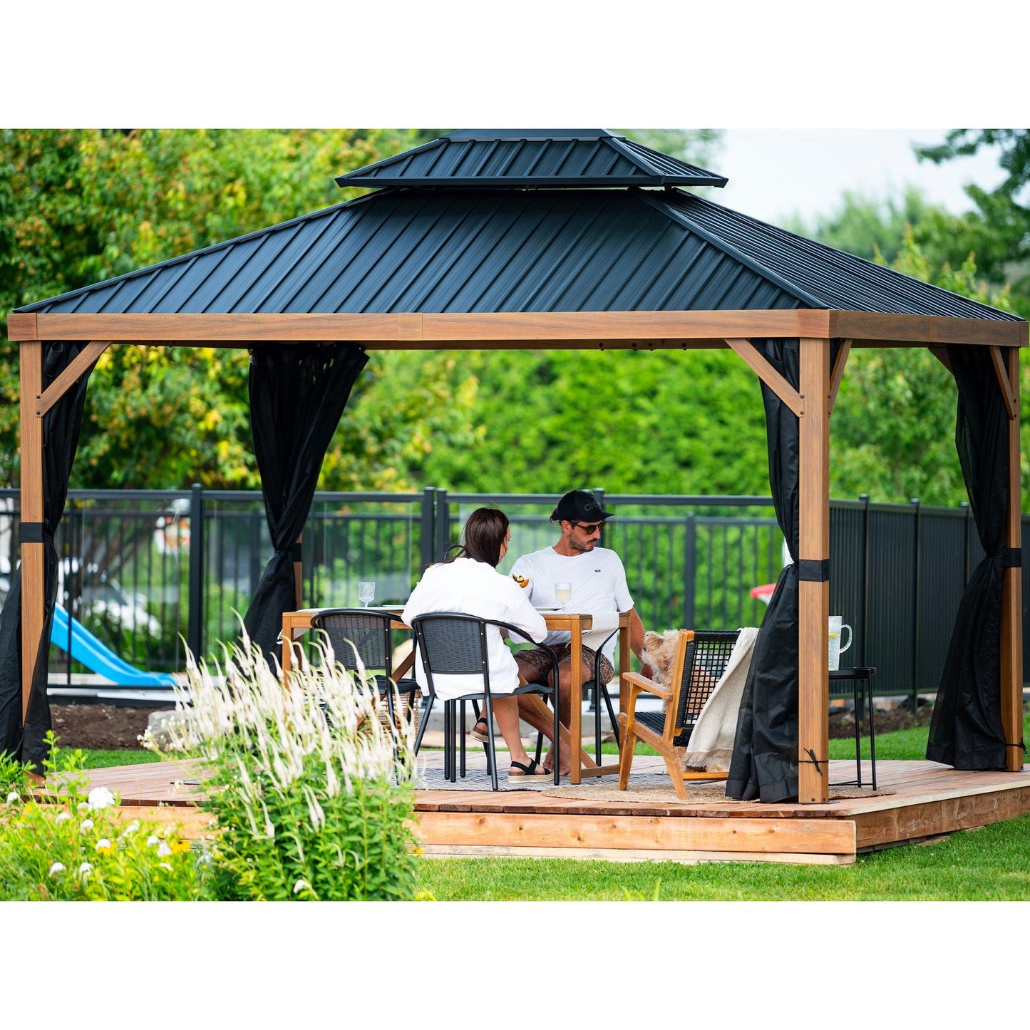 Yosemite Aluminum Gazebo 12 x 16 ft. Double Roof Wood Finish | Gazebo PenGuin-Delightful Yard