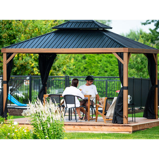 Yosemite Aluminum Gazebo 12 x 16 ft. Double Roof Wood Finish | Gazebo PenGuin-Delightful Yard