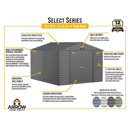 Arrow Select Steel Storage Shed 10 x 12 ft. - Delightful Yard