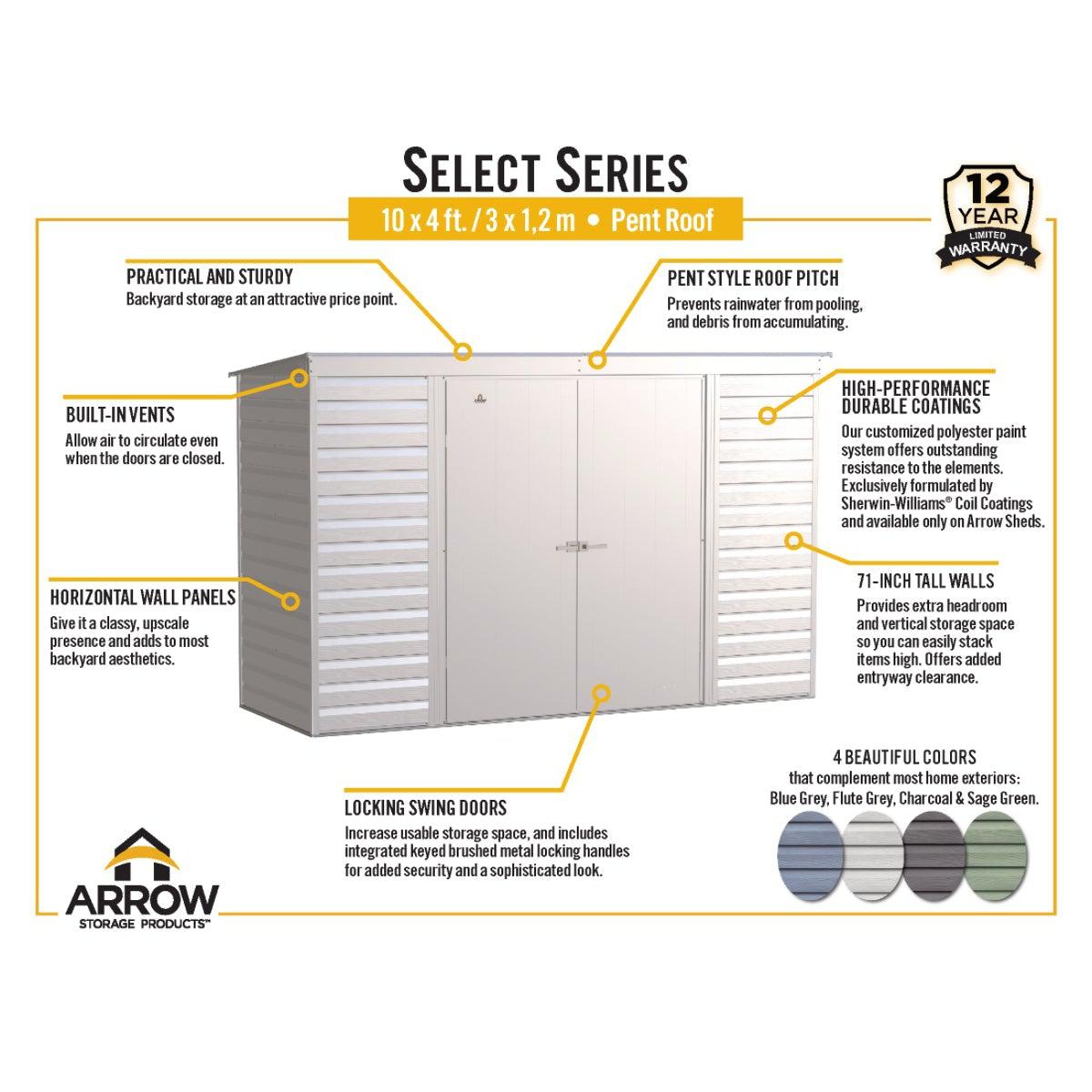 Arrow Select Steel Storage Shed 10 x 4 ft. | Pent Roof - Delightful Yard