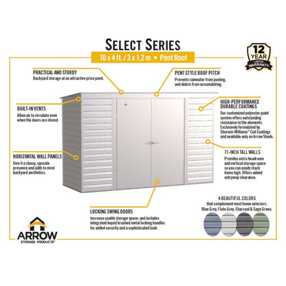 Arrow Select Steel Storage Shed 10 x 4 ft. | Pent Roof - Delightful Yard