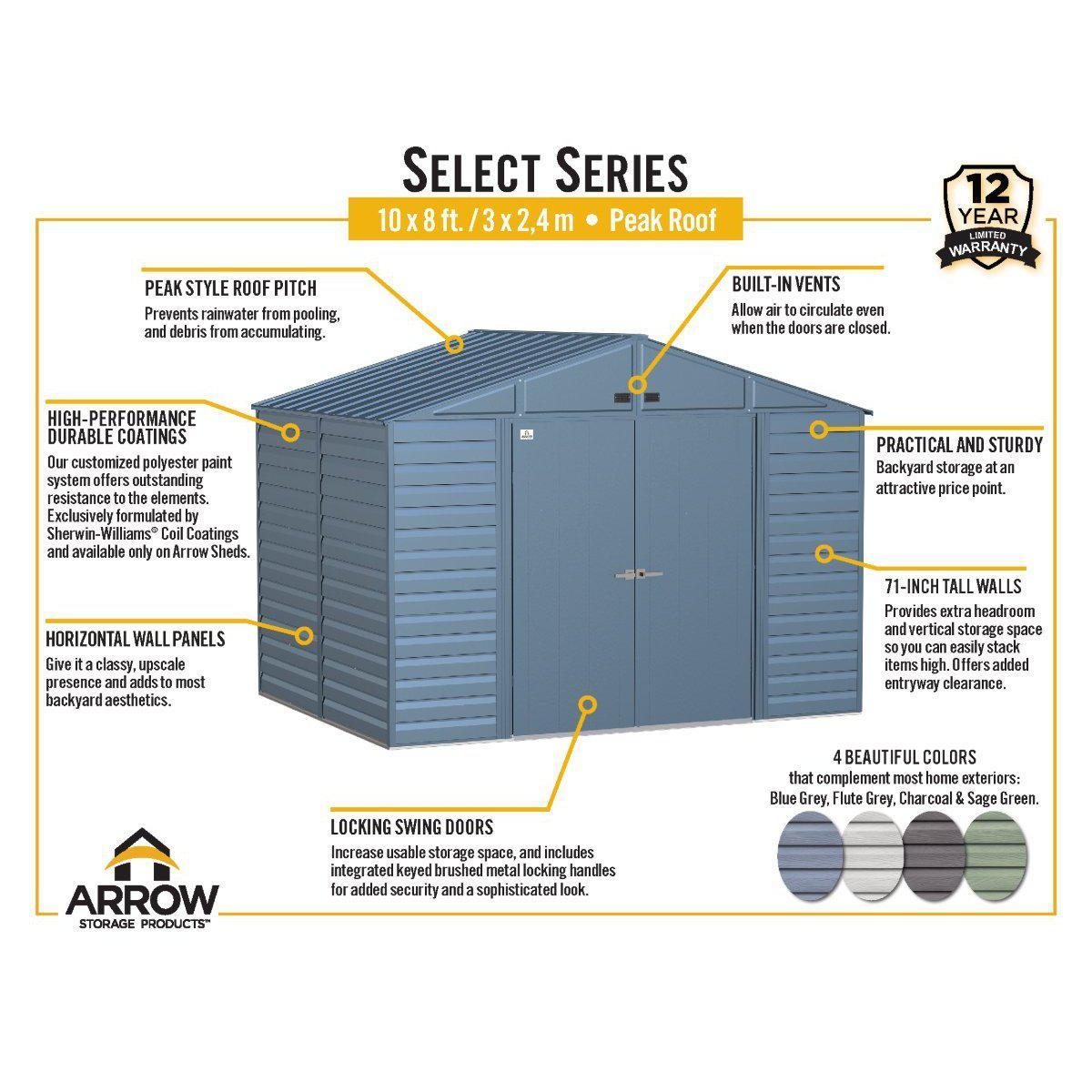 Arrow Select Steel Storage Shed 10 x 8 ft. - Delightful Yard